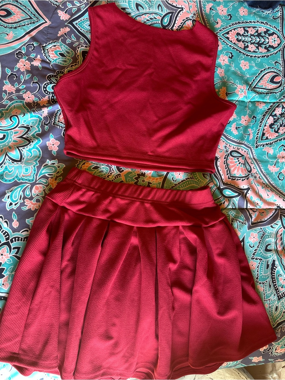 SHEIN Wine Red Knit Crop Top & Pleated Skirt Set